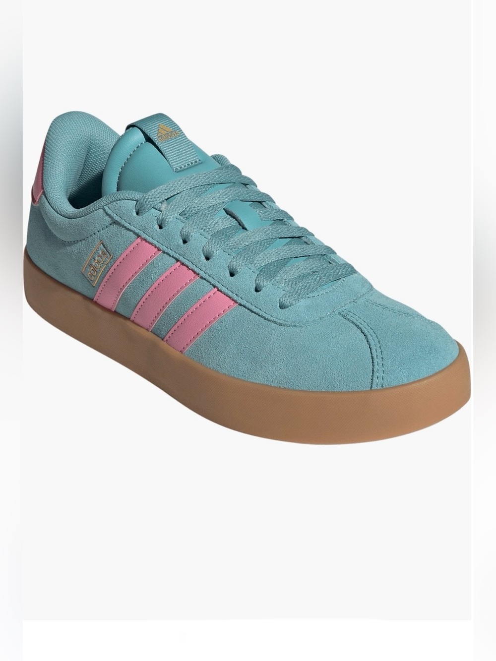 adidas Teal Suede Low-Top Sneakers with Pink Stripes